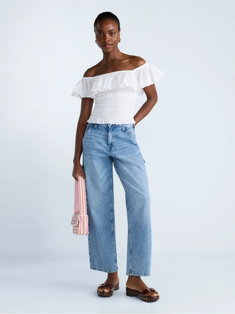 Scoop Women\u2019s and Women\u2019s Plus Off-the-Shoulder Smocked Ruffle Cotton Top, Sizes XS-4X | Walmart (US)