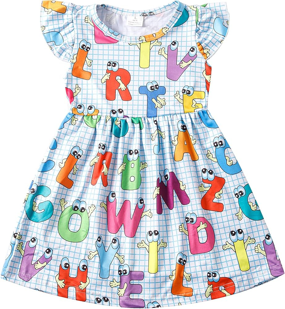 Toddler Girls Back to School Apple Pencil Dress Causal Flutter Sleeve Ruffle Bottom Dress | Amazon (US)