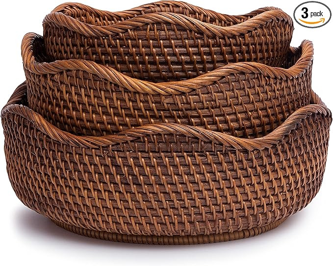 Vegetable Baskets for Kitchen Rattan Shallow Basket for Bathroom Rustic Storage Bins for Pantry F... | Amazon (US)