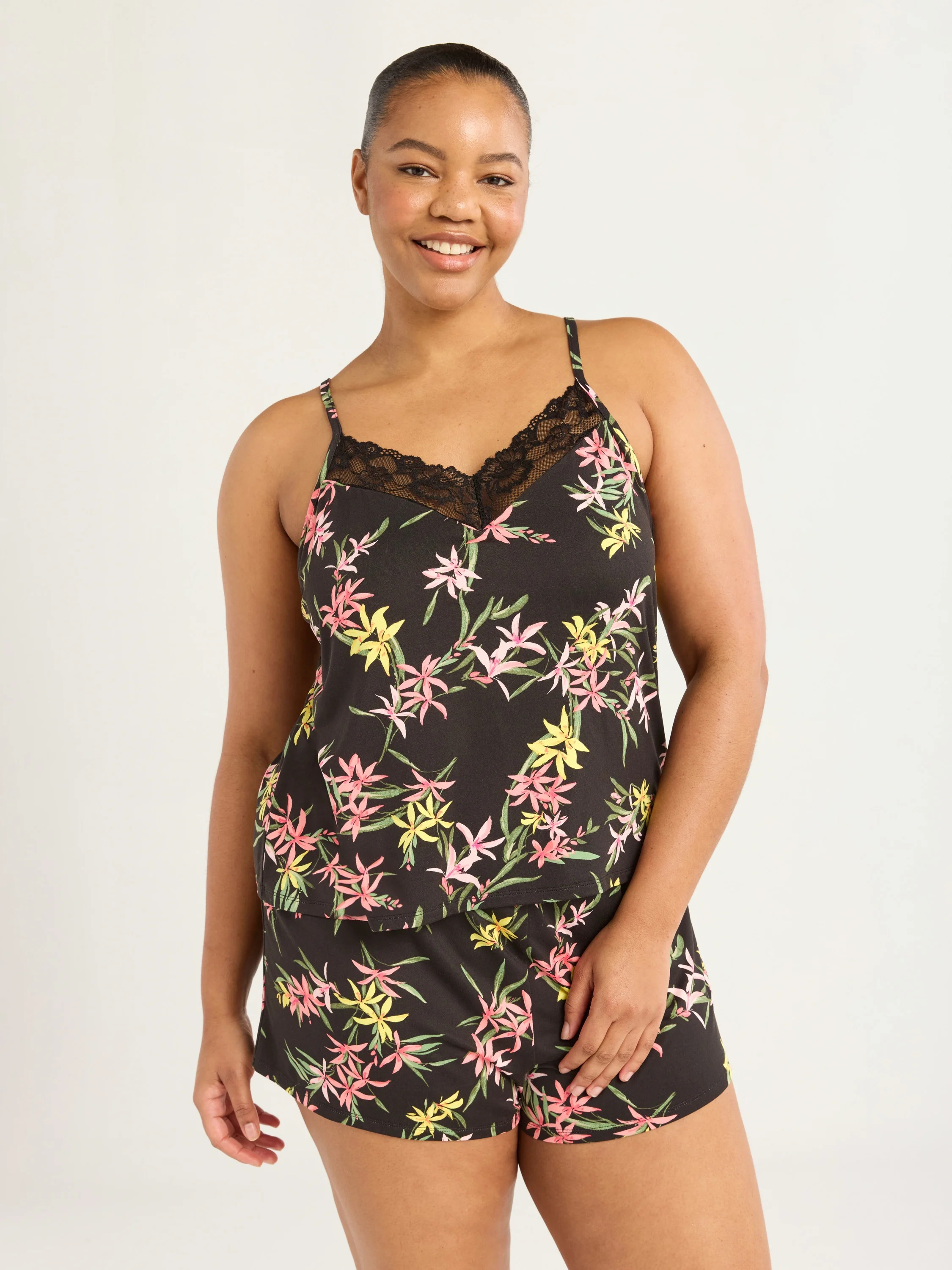 Joyspun Women’s Knit Cami and Shorts Pajama Set with Lace Trim, Sizes XS-3X | Walmart (US)