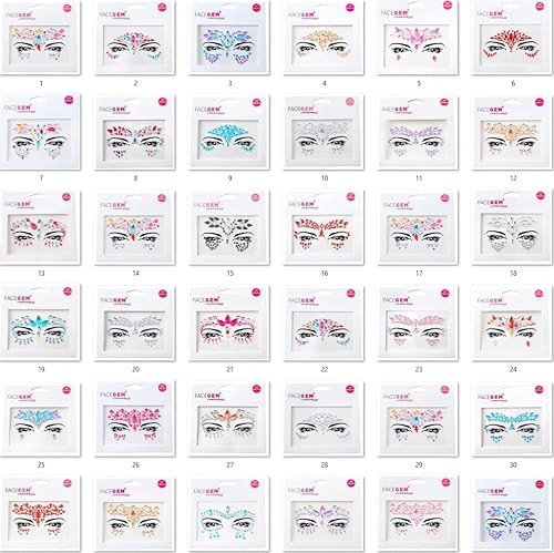 32 PCS Face Gems (RANDOM DESIGNS) Self- Adhesive Glitter Jewel Tattoo Sticker Festival Gems Rave Party Body Make Up C2ZAKMIX-A | Amazon (US)