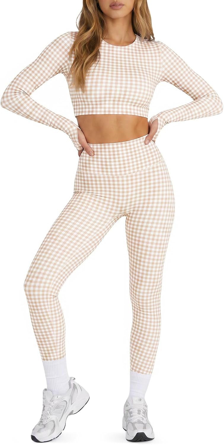 Aoysky Womens Gingham Workout Sets 2 Piece Outfits Matching Leggings Set | Amazon (US)