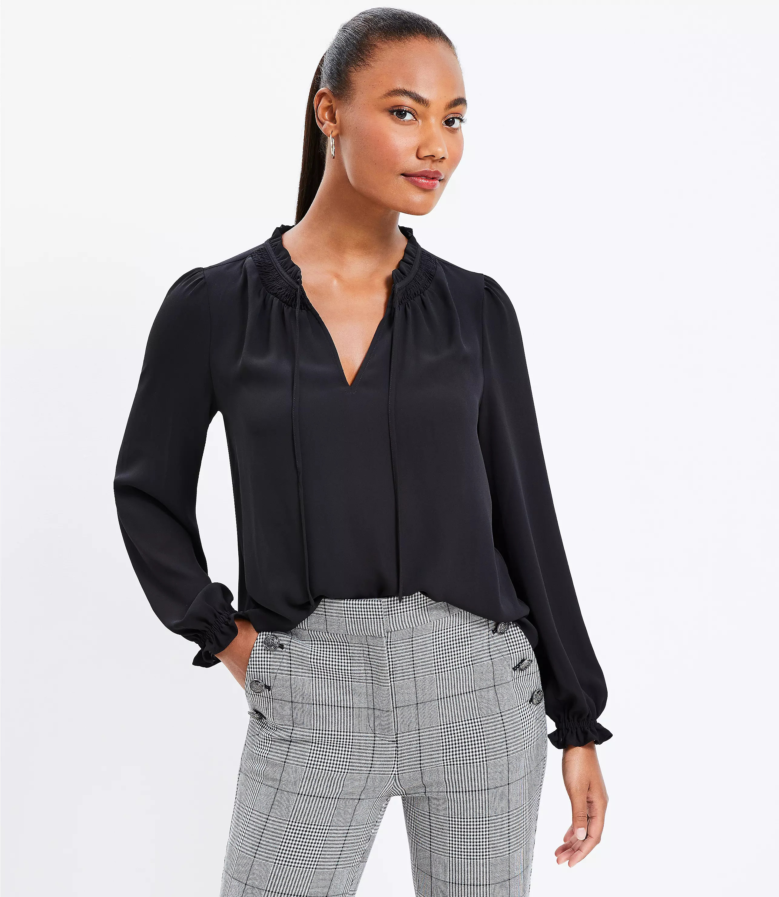 Smocked Tie Neck Blouse | LOFT