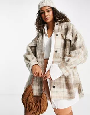 Pimkie oversized shacket with checks in beige | ASOS (Global)