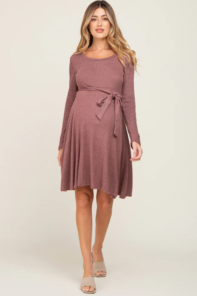 Mauve Soft Rib Knit Sash Tie Maternity Dress | PinkBlush Maternity