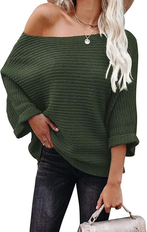 KIRUNDO 2023 Fall Winter Women's Off Shoulder Sweaters Batwing 3/4 Sleeve Casual Loose Fit Solid ... | Amazon (US)