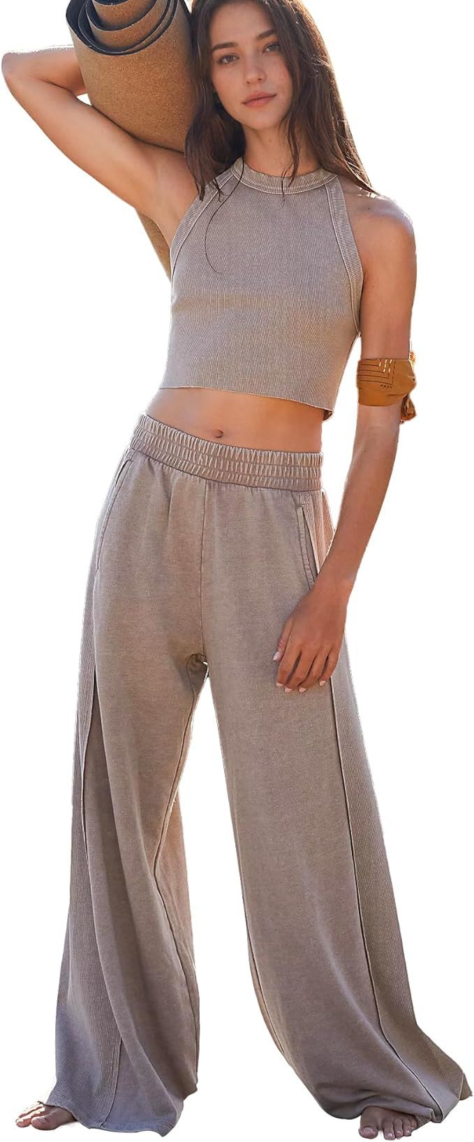 Womens 2 Piece Outfits Ribbed Knit Sleeveless Top Wide Leg Pants Casual Summer Going Out Lounge S... | Amazon (US)