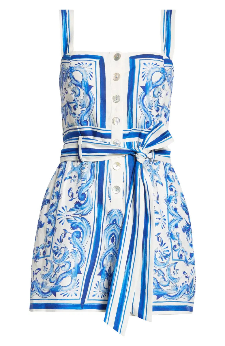 FARM Rio Garden Tiles Tie Belt Button Front Linen Blend Romper | Nordstrom | Nordstrom