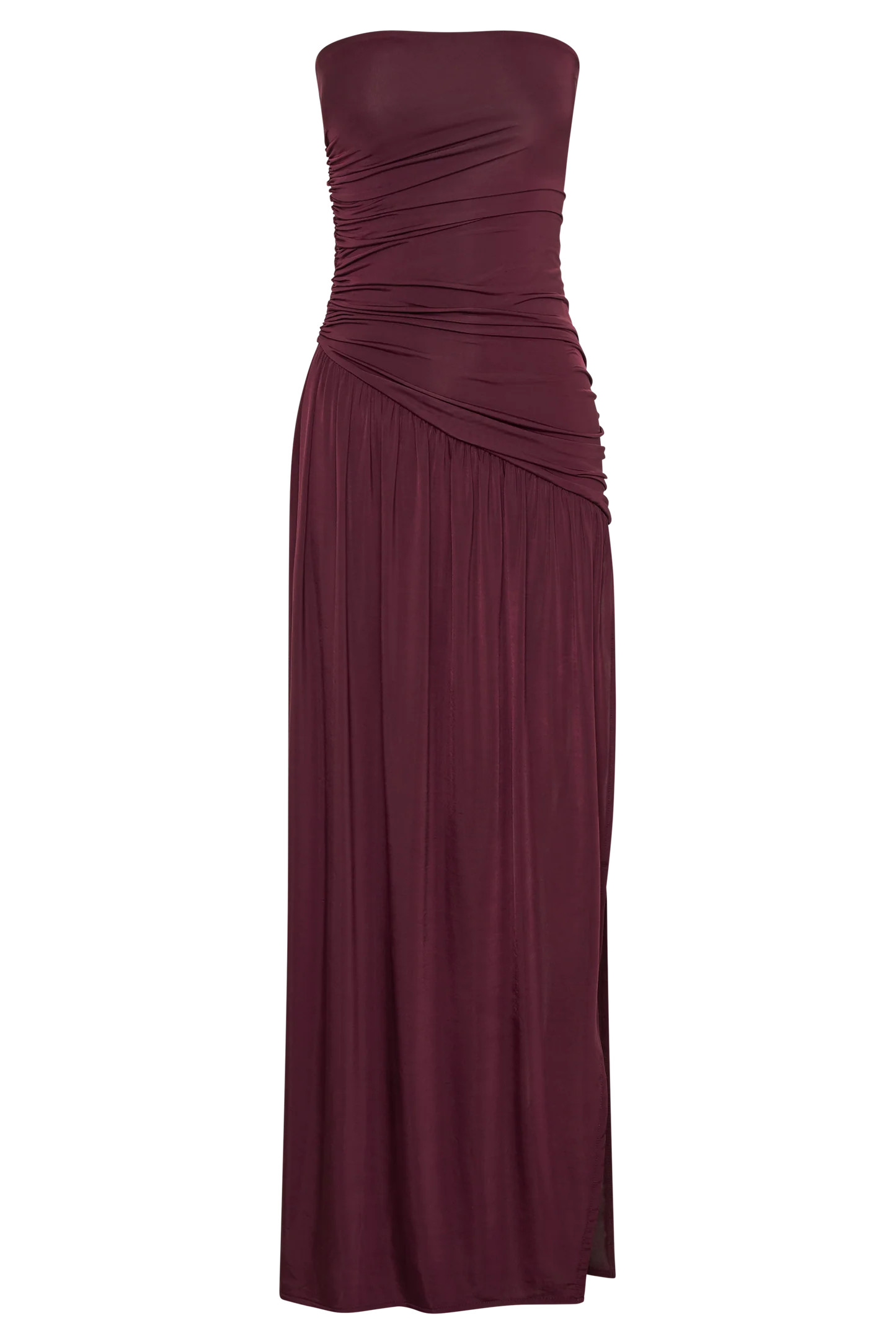 Bex Strapless Slinky Maxi Dress With Split - Burgundy | MESHKI US