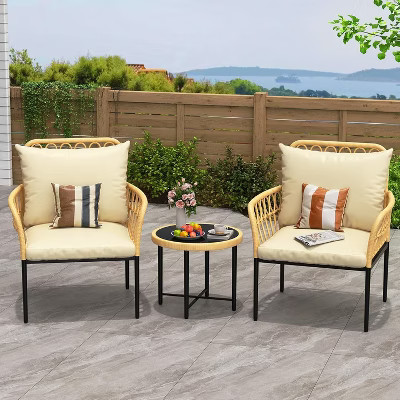 3-Piece Outdoor Bistro Set with Cushioned Chairs and Glass Top Table Compact Design for Patio Balcony Garden Beige | Target