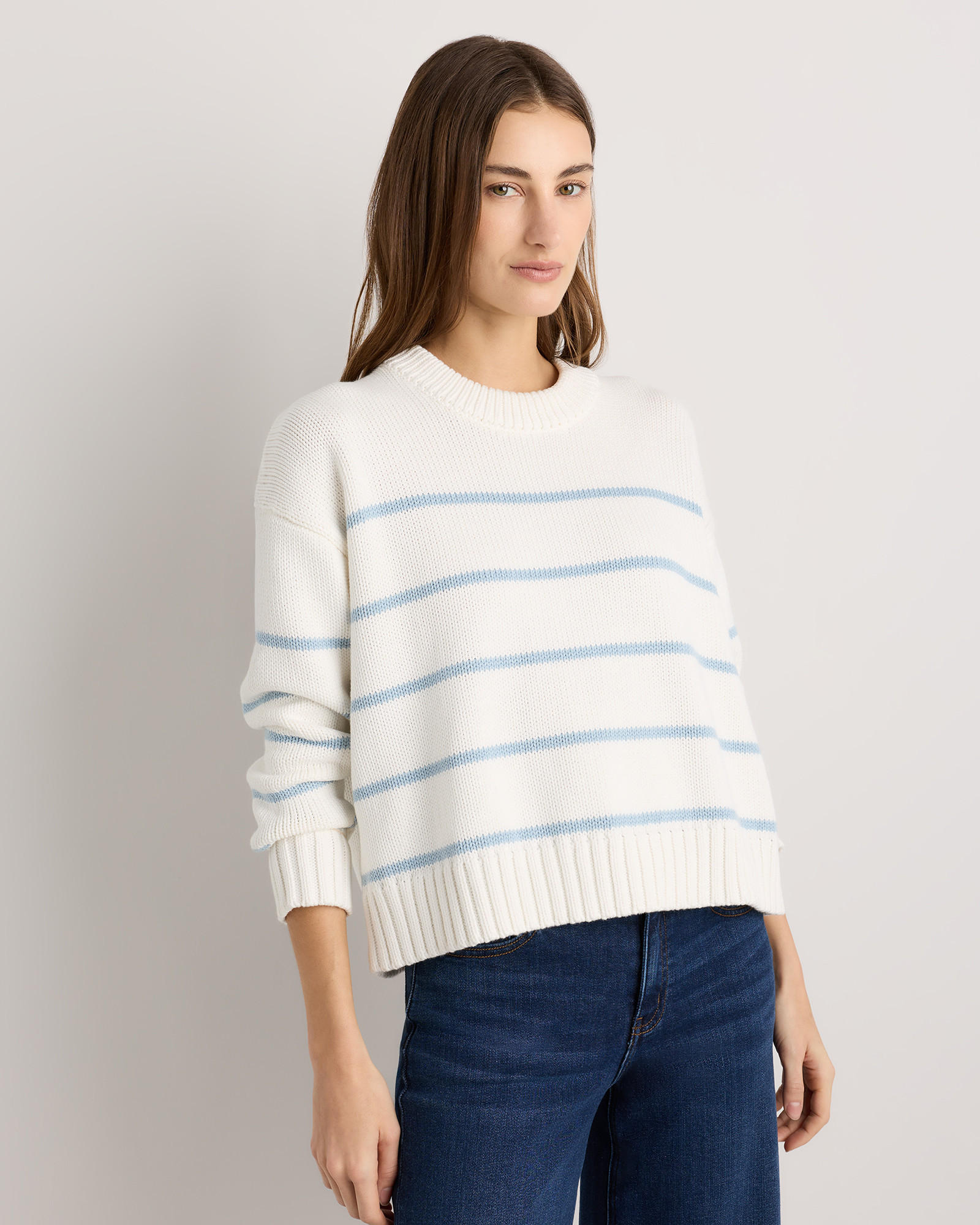 Quince | Women's Striped Crew Sweater in Ivory/Sky Blue Stripe, Size XS, Organic Cotton | Quince