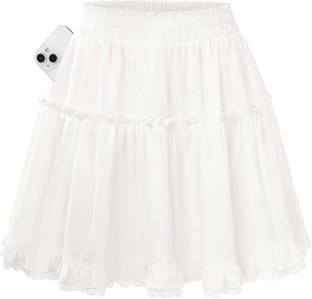 Kate Kasin Women Cotton Mini Skirts with Shorts Underneath, Ruffle Lace Skirt Flowy, Tiered Skort... | Amazon (US)