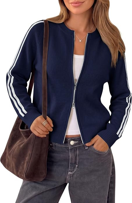 Saodimallsu Womens Zip Up Cardigan Long Sleeve Crew Neck Sweater Jacket | Amazon (US)