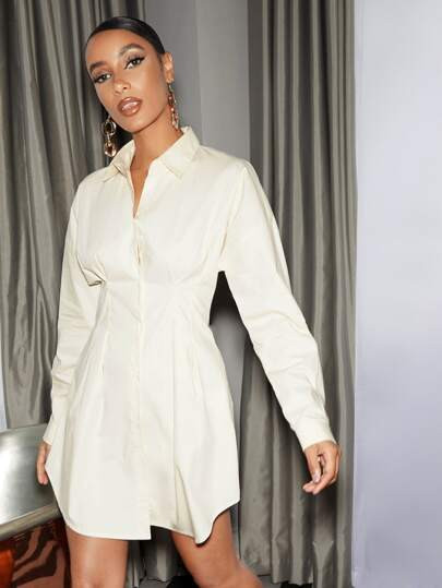 SHEIN Fold Pleat Detail Button Front Shirt Dress | SHEIN