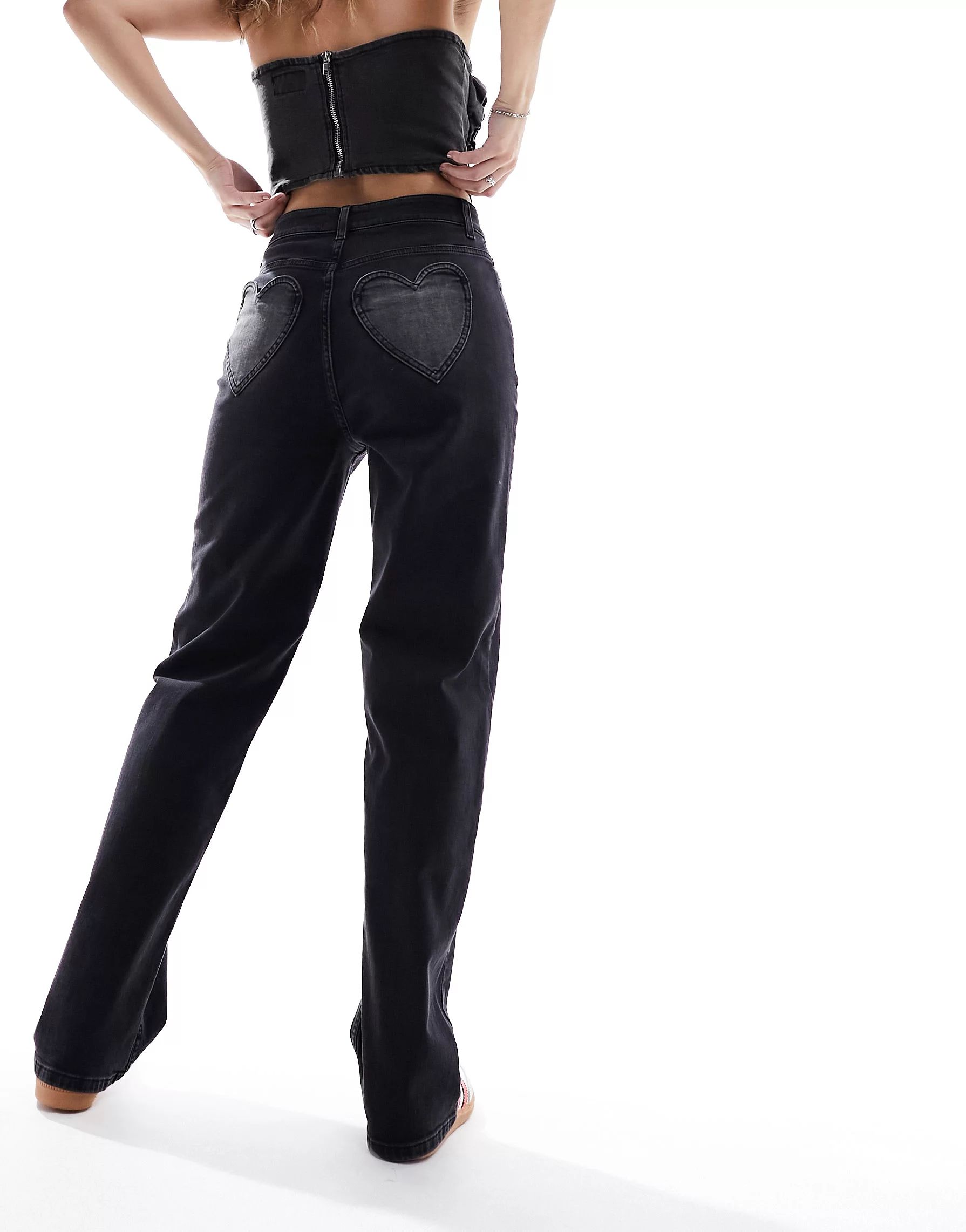 Miss Selfridge heart pocket straight leg jean in black wash | ASOS (Global)