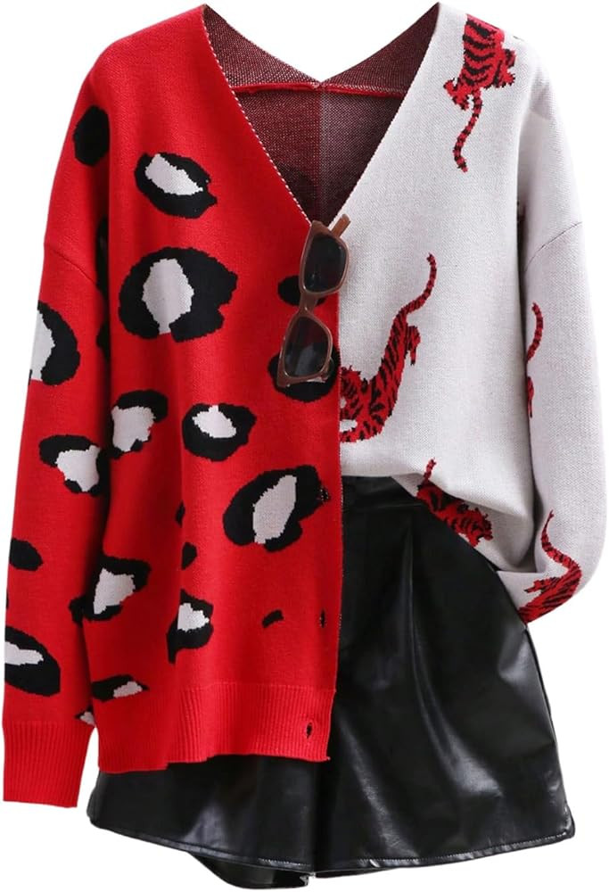 WDIRARA Women's Leopard Tiger Print Cardigan V Neck Long Sleeve Color Block Button Down Sweater O... | Amazon (US)