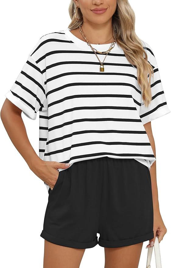 Two Piece Outfits for Women Short Sleeve Casual Stripe Summer Oversized Lounge Sets Outfits Sets | Amazon (US)