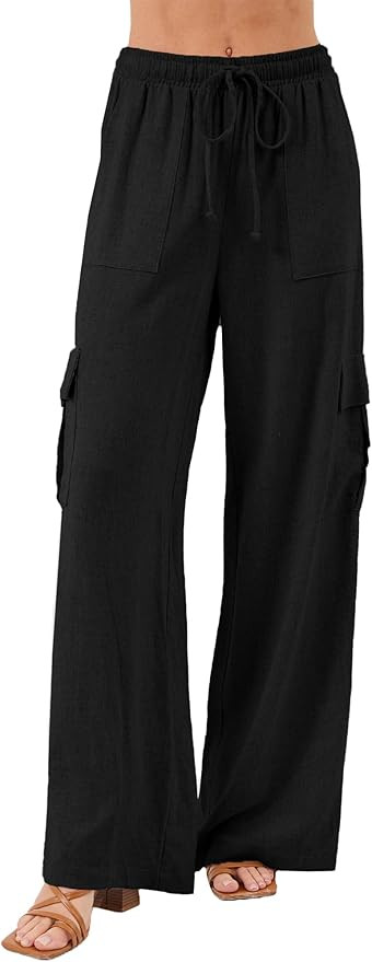 Beautiful Nomad Women's Linen Cargo Pants Casual High Waisted Wide Leg Pant Baggy Trousers with P... | Amazon (US)