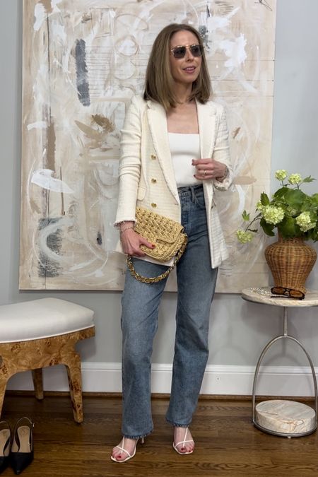 Minimal chic outfit inspo
Loose fitting straight leg denim citizens of humanity
White square neck tank top old
Ivory boucle Blazer classic six
White strappy heels studio Amelia
Straw bag with chain handle caterina Bertini 

#LTKitbag #LTKstyletip