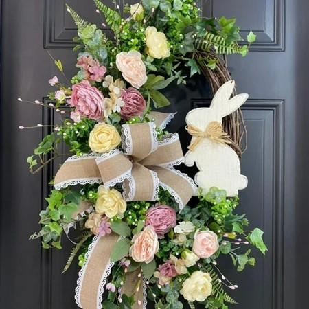 Easter Wreath for Front Door Cute Bunny Wreath with Rose Flower Artificial Plants & Bow for Spring H | Walmart (US)