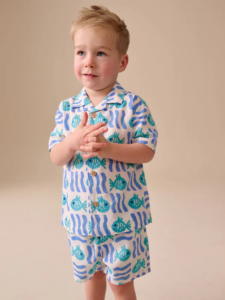 White/Blue Sea All Over Print Short Sleeve Revere Collar Shirt & Shorts Set (3mths-10yrs) | Next US