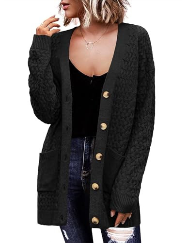 Zeagoo Womens 2025 Long Sleeve Chunky Cable Knit Fall Cardigans Sweaters Button Down Open Front Outerwear with Pockets 2025 Clothes Black | Amazon (US)