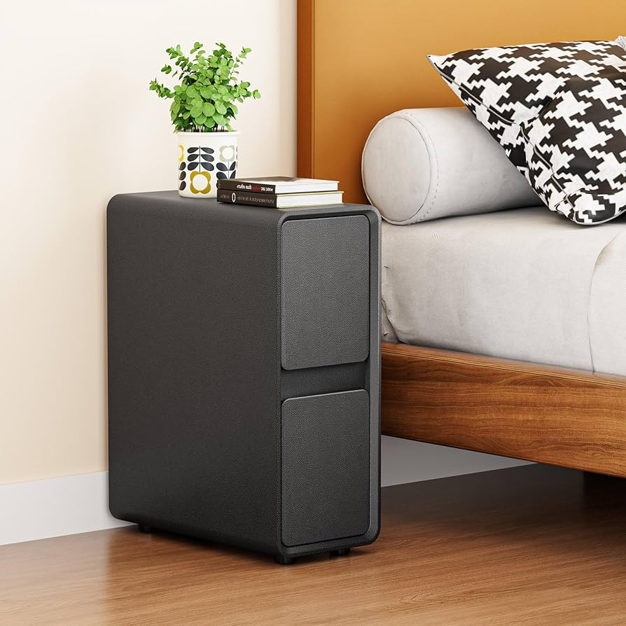 7.8" W Faux Leather Narrow Nightstand, Modern Fully-Assembled Bedside Table with 2 Drawers, Wood ... | Amazon (US)