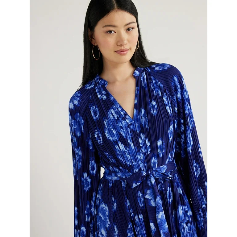 Scoop Women’s Pleated Handkerchief Hem Dress with Long Sleeves, Sizes XS-XXL | Walmart (US)
