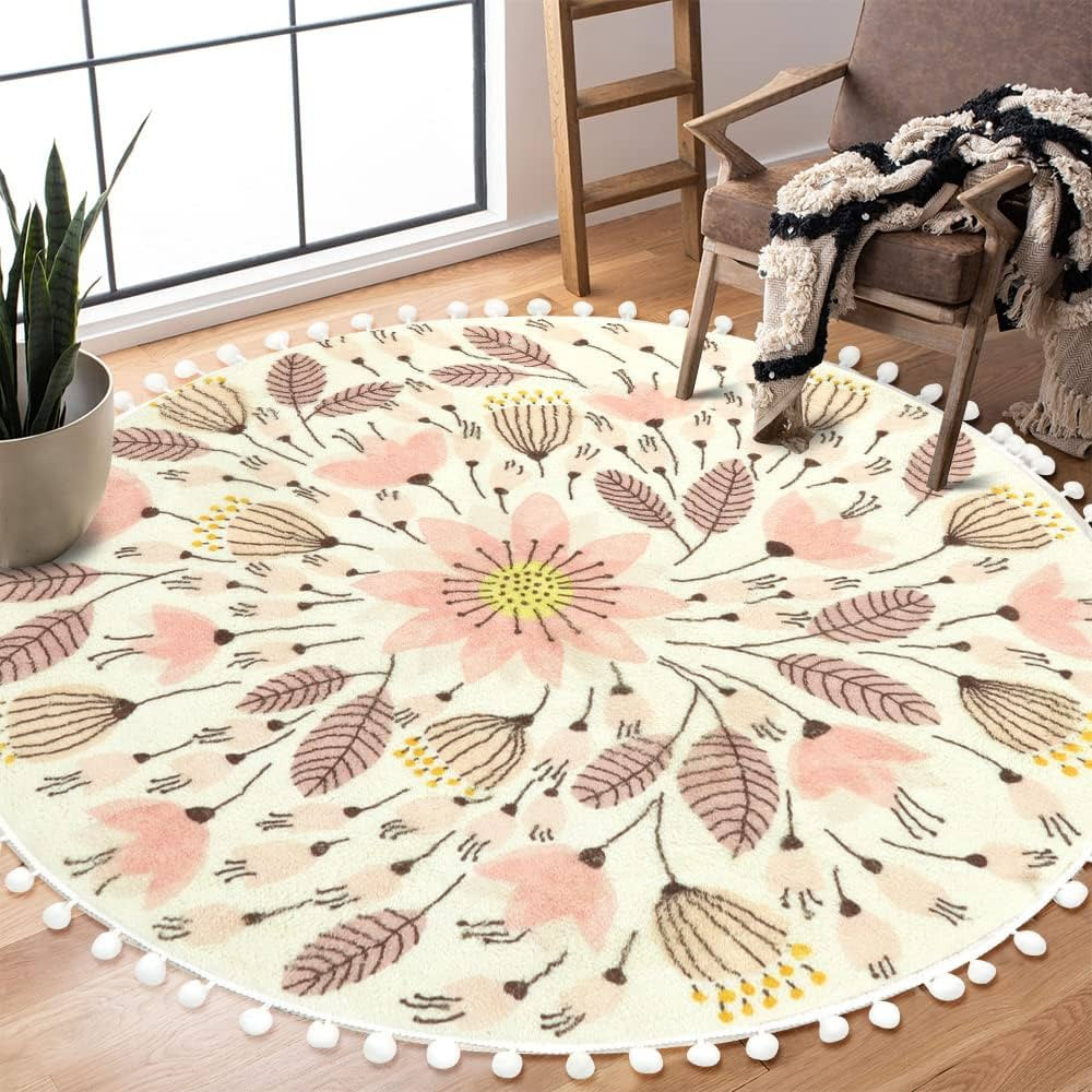 Uphome Round Rugs for Bedroom 4' Circle Cute Area Rug with Pom Poms Fringe Floral Plant Washable ... | Amazon (US)