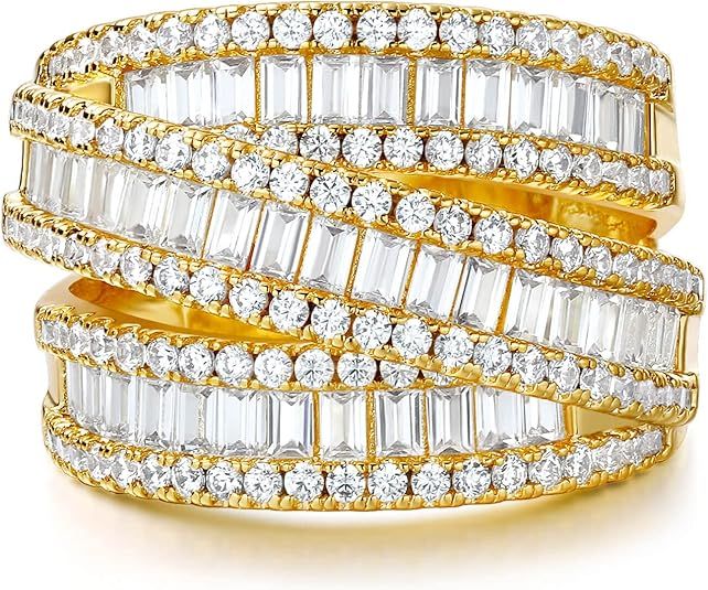 Eternity Ring Wedding Bands,18K Gold Plated 3 Rows Emerald Cut Lab Diamond Band Rings for Women M... | Amazon (US)