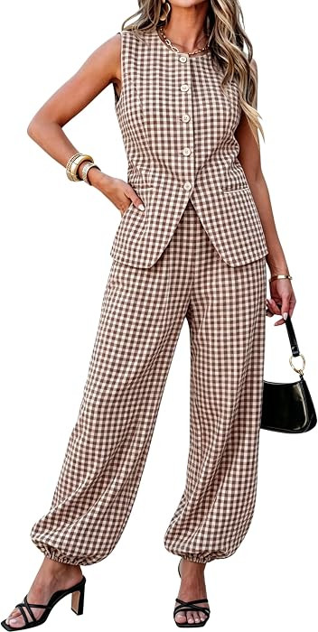 Tanming Womens Gingham 2 Piece Sets Casual Suit Vest Balloon Pants Summer Coord Set Brunch Office... | Amazon (US)