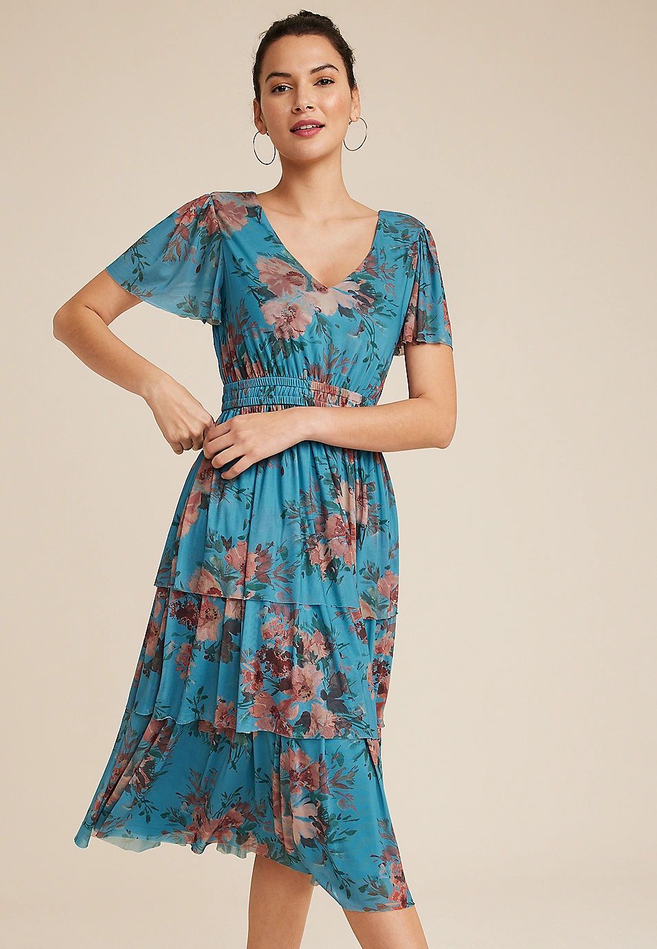 Floral Flutter Sleeve Tiered Midi Dress | Maurices