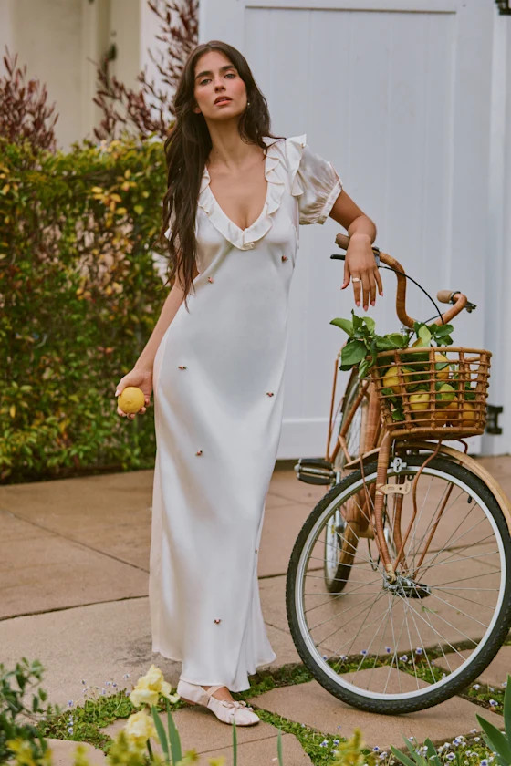 Helsa Ivory Satin Ruffled Rosette Puff Sleeve Maxi Dress | Lulus