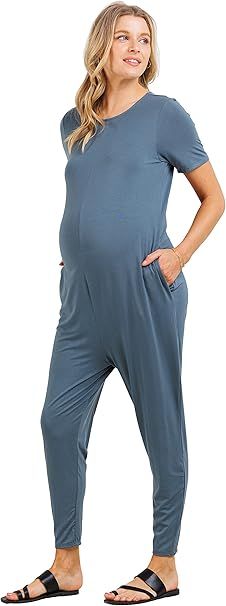 LaClef Women's Maternity Short Sleeve Jumpsuit with Pocket | Amazon (US)