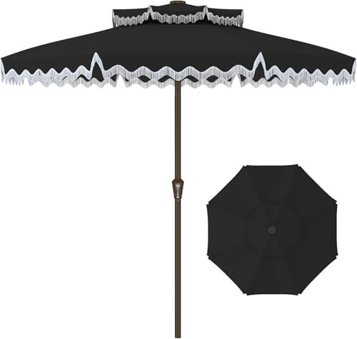 Kingdura 9ft Patio Umbrella with Fringe, Outdoor Table Umbrella with 8 Sturdy Fiberglass Ribs, Push-Button Tilt, UPF 50+, Luxurious Vintage Pool Umbrellas | Amazon (US)