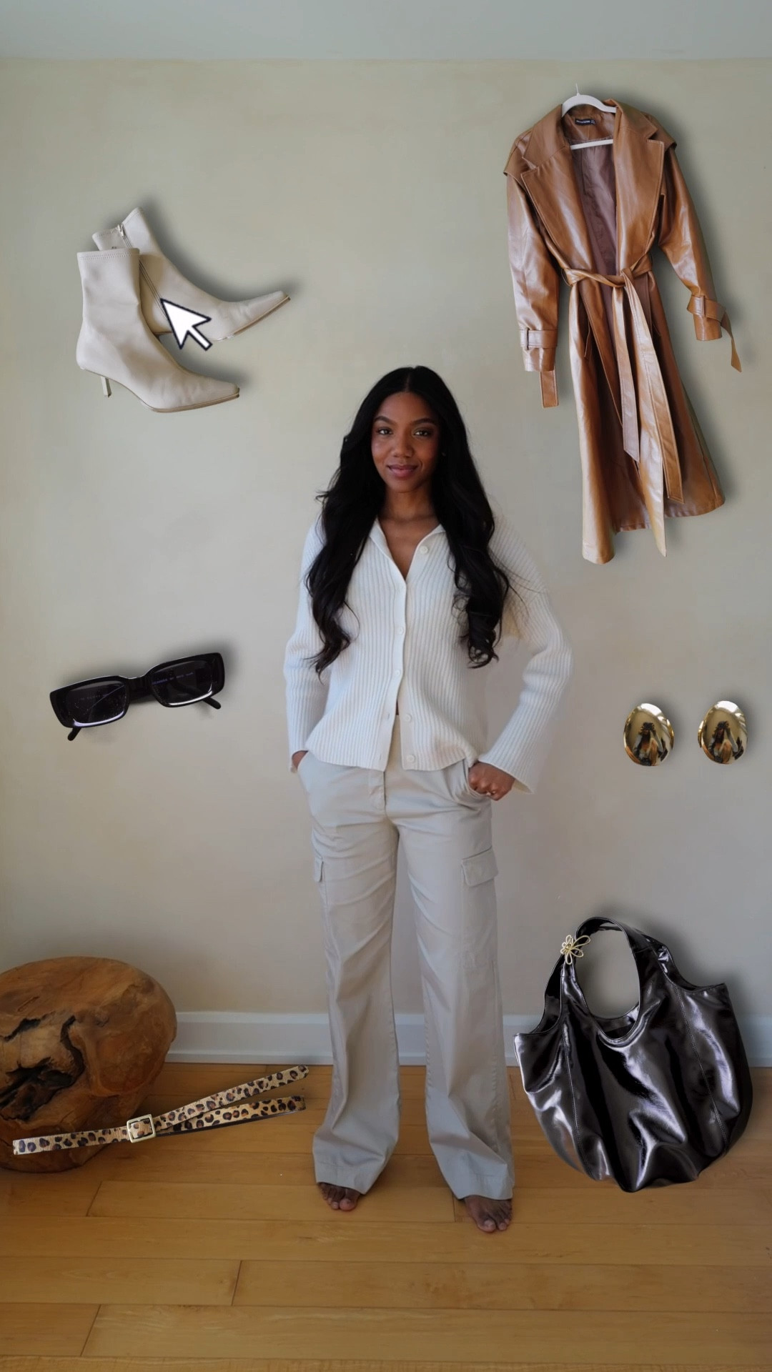 Sweater- size xs

Spring outfit idea | wide leg cargo pants | oversized leather trench coat | long sleeve collard knit cardigan | reformation sweater | leopard print belt | ponted toe kitten heeled boots | patent leather tote | pandora essence rings | organic shaped stacking rings | gold dome earrings | rectangle shaped sunglasses

#LTKSeasonal #LTKWatchNow
