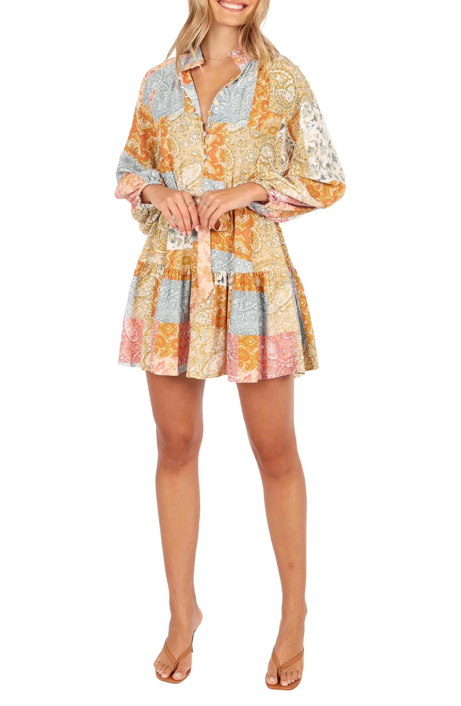 Silante Patchwork Print Belted Long Sleeve Shirtdress | Nordstrom