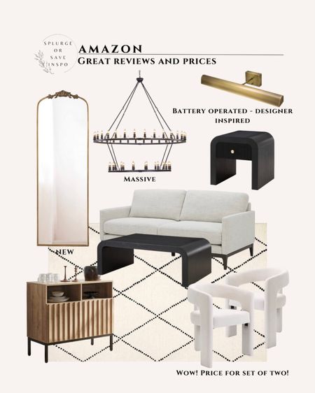 Amazon home finds. Amazon furniture. Amazon new finds. Modern dining chairs. Modern accent chairs. Modern black nightstand. Waterfall nightstand. Battery picture light. Battery sconce. Foyer chandelier. Entryway chandelier. Massive chandelier. Tall mirror. Floor mirror. Brass mirror. Fluted cabinet. Round coffee table. Best selling rug. Pattern rug. 

#LTKhome #LTKsalealert