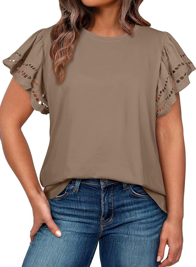 Eytino Womens Plus Size Tops Short Sleeve Round Neck Hollow Out Casual Loose Tunic Tees Shirts(1X... | Amazon (US)