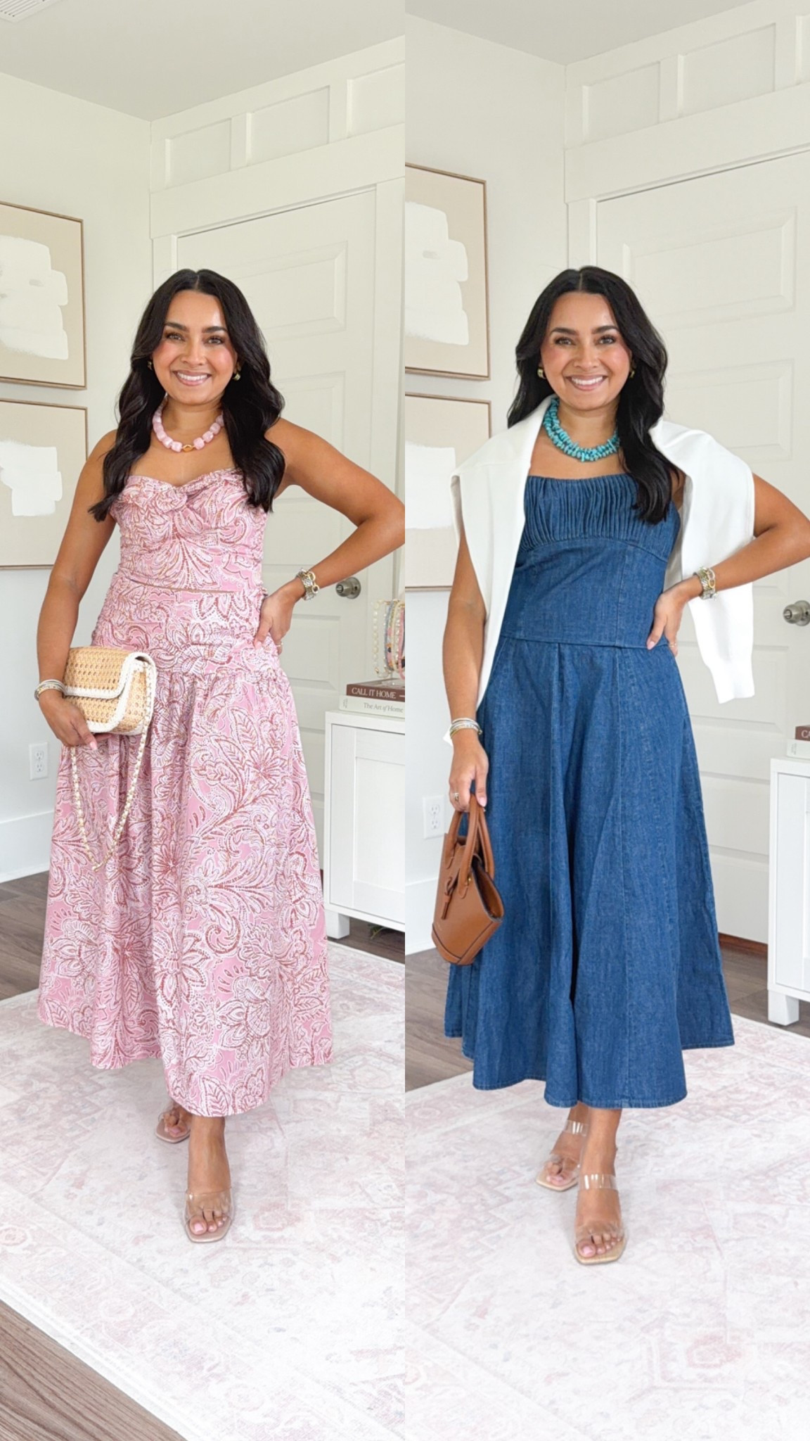 Matching Sets!
Pink top size xs petite TTS 
Pink skirt size 0 regular, I wanted a long skirt but for petite I’d wear size size 2 petite!
Denim chambray top size 0 TTS
Denim chambray skirt size 2 petite TTS 
Clear heels size 5 TTS 

#LTKootd #LTKPetite #LTKSaleAlert