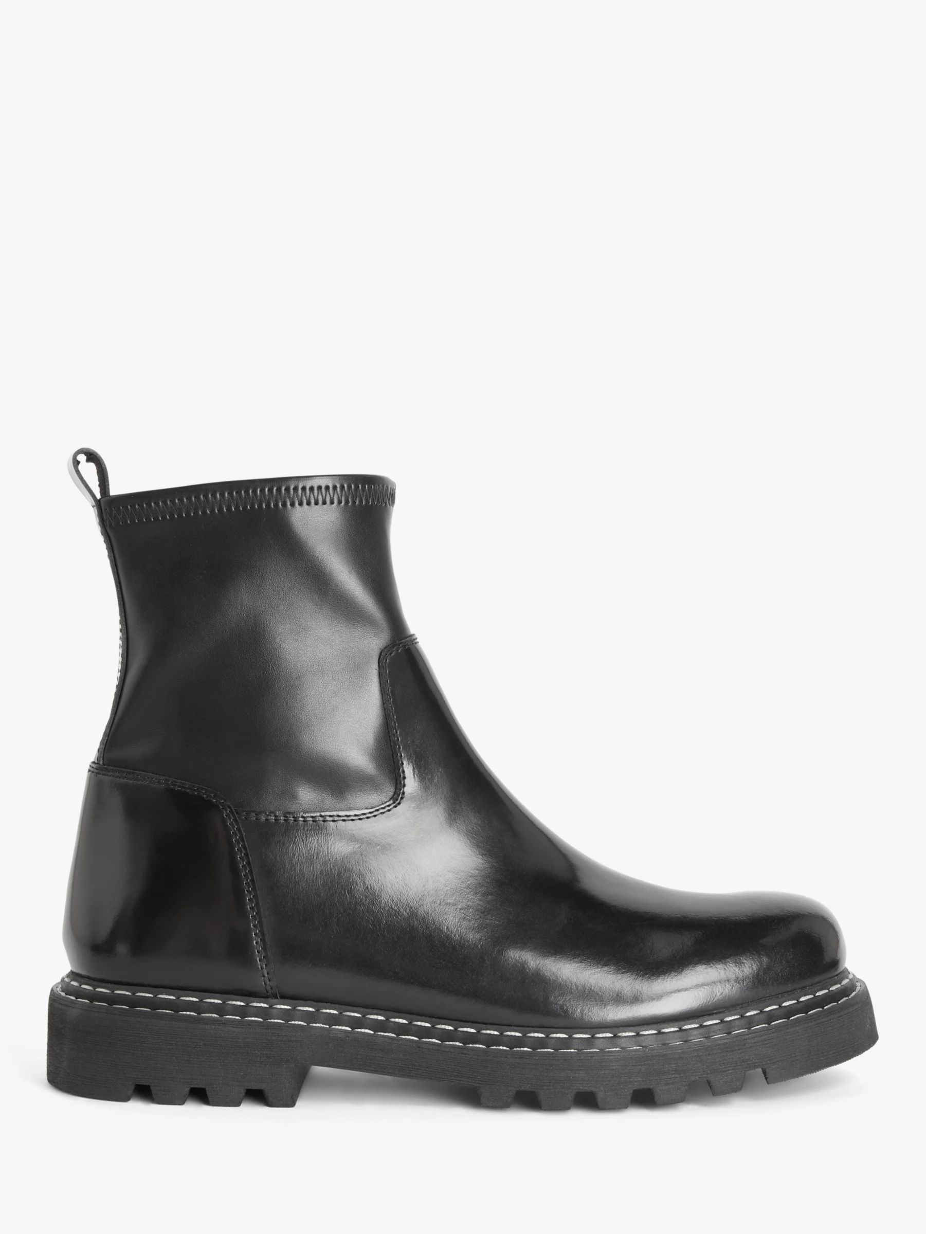 Kin Perelle 2 Leather Chunky Cleated Stretch Ankle Boots, Black | John Lewis (UK)