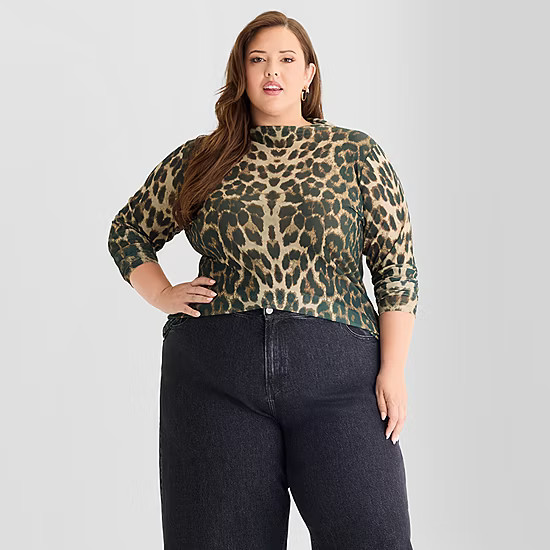 new!Ashley Graham Mesh Print Womens Plus Mock Neck Long Sleeve T-Shirt | JCPenney