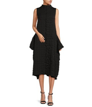 Textured Bubble Check Woven Mock Neck Sleeveless Pocketed Swing Waistless Midi Dress | Dillard's