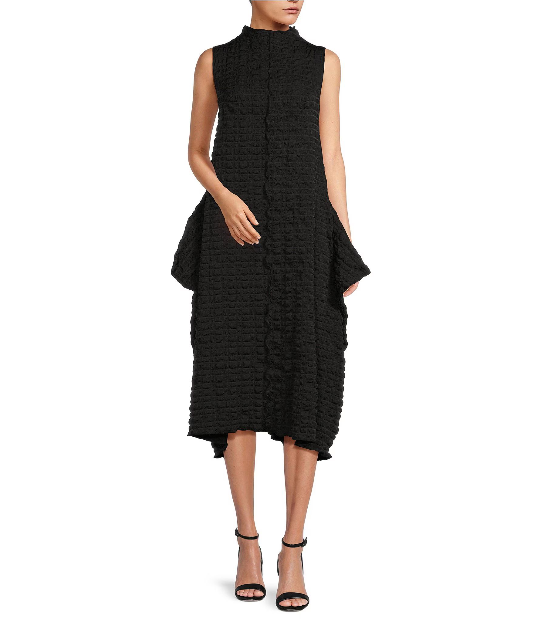 Textured Bubble Check Woven Mock Neck Sleeveless Pocketed Swing Waistless Midi Dress | Dillard's