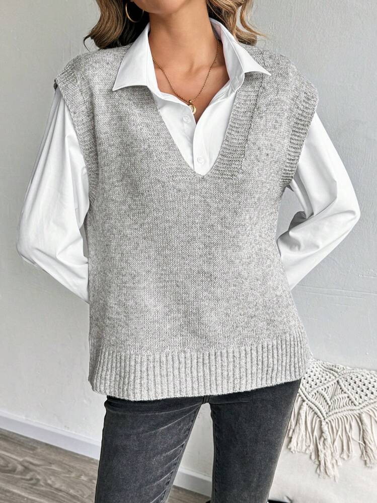 EMERY ROSE Women's Solid Color V-Neck Minimalist Sweater Vest, Casual Daily | SHEIN