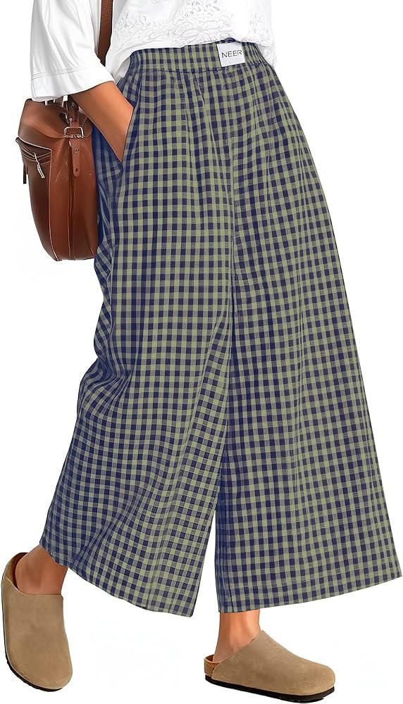 Neer Women's Plaid Gingham Skirt Pants Flowy Oversized Wide Leg Culottes Elastic Waist Palazzo Ca... | Amazon (US)