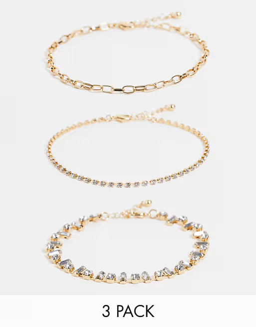 ASOS DESIGN pack of 3 anklets in crystal and chain design in gold tone | ASOS (Global)