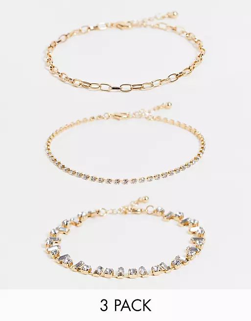 ASOS DESIGN pack of 3 anklets in crystal and chain design in gold tone | ASOS (Global)