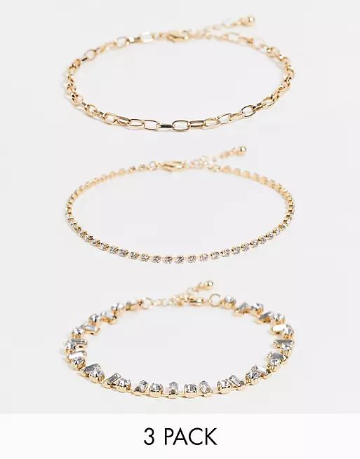 ASOS DESIGN pack of 3 anklets in crystal and chain design in gold tone | ASOS (Global)