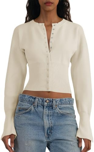 Saodimallsu Womens Cropped Sweaters Button Down Long Sleeve V Neck Ribbed Knit Slim Fit Pullover ... | Amazon (US)